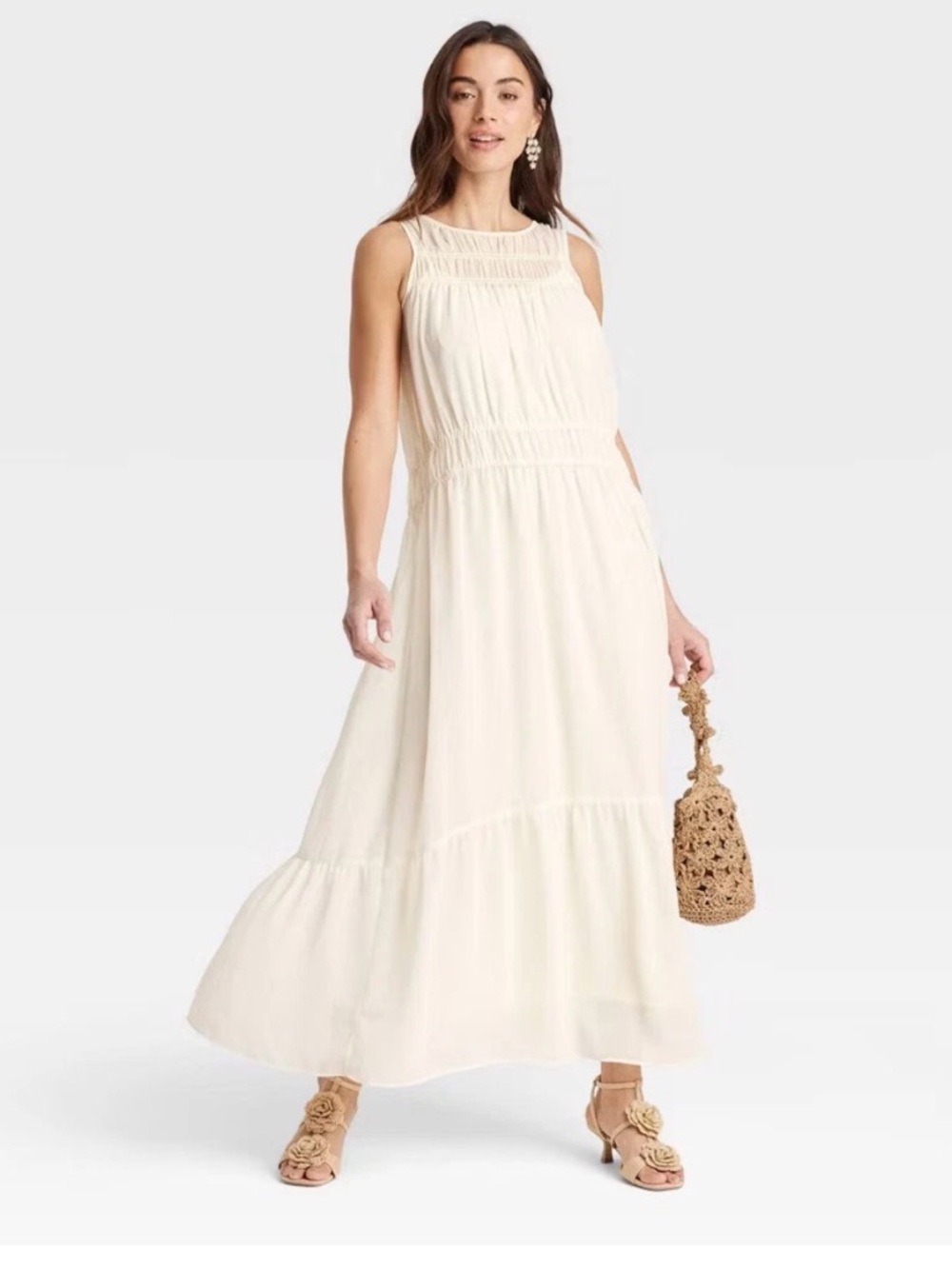 Chiffon Sleeveless Cream Maxi Dress with Smocked Bodice